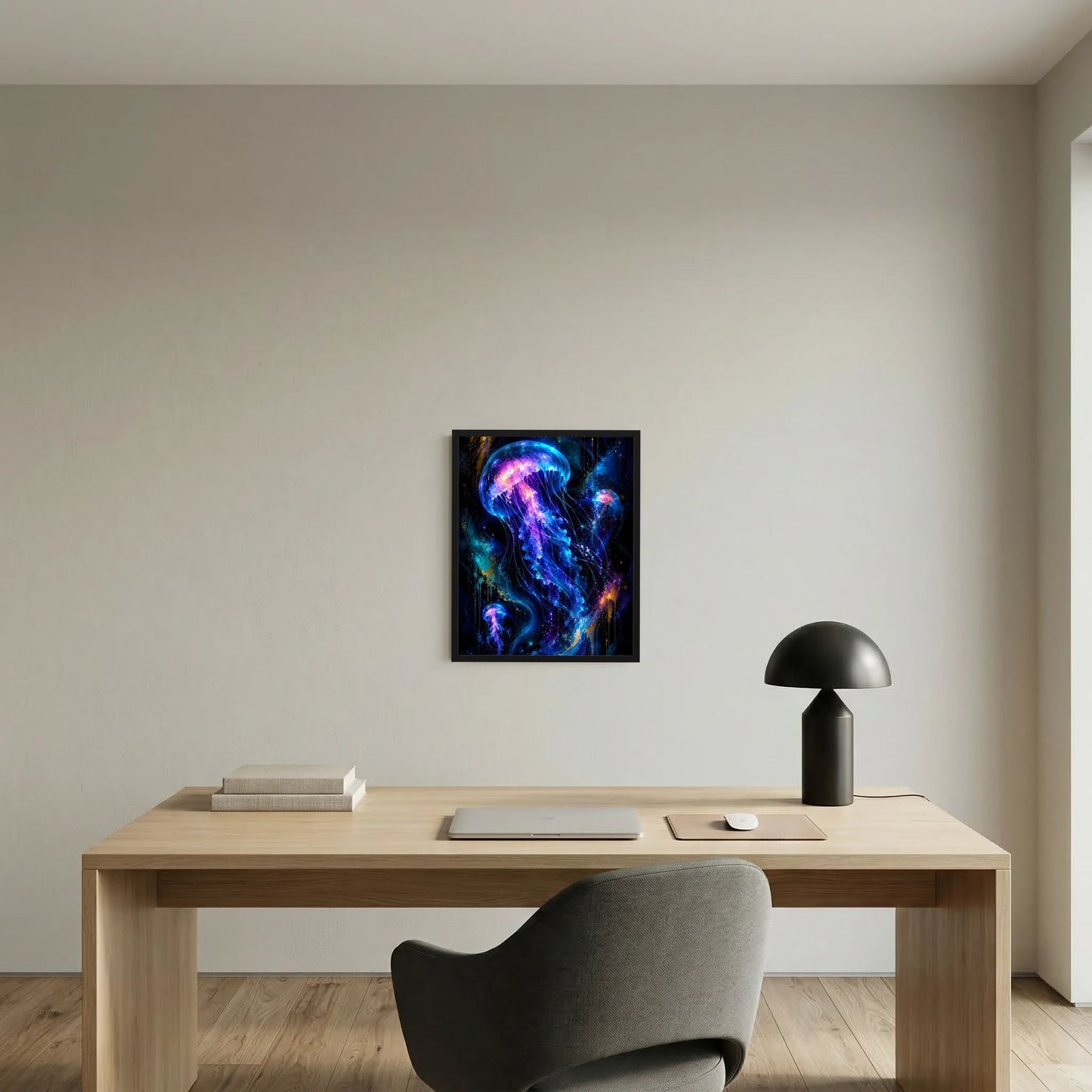 Gerahmtes Poster mit leuchtender Quallenillustration in Neonblau, violette Akzente