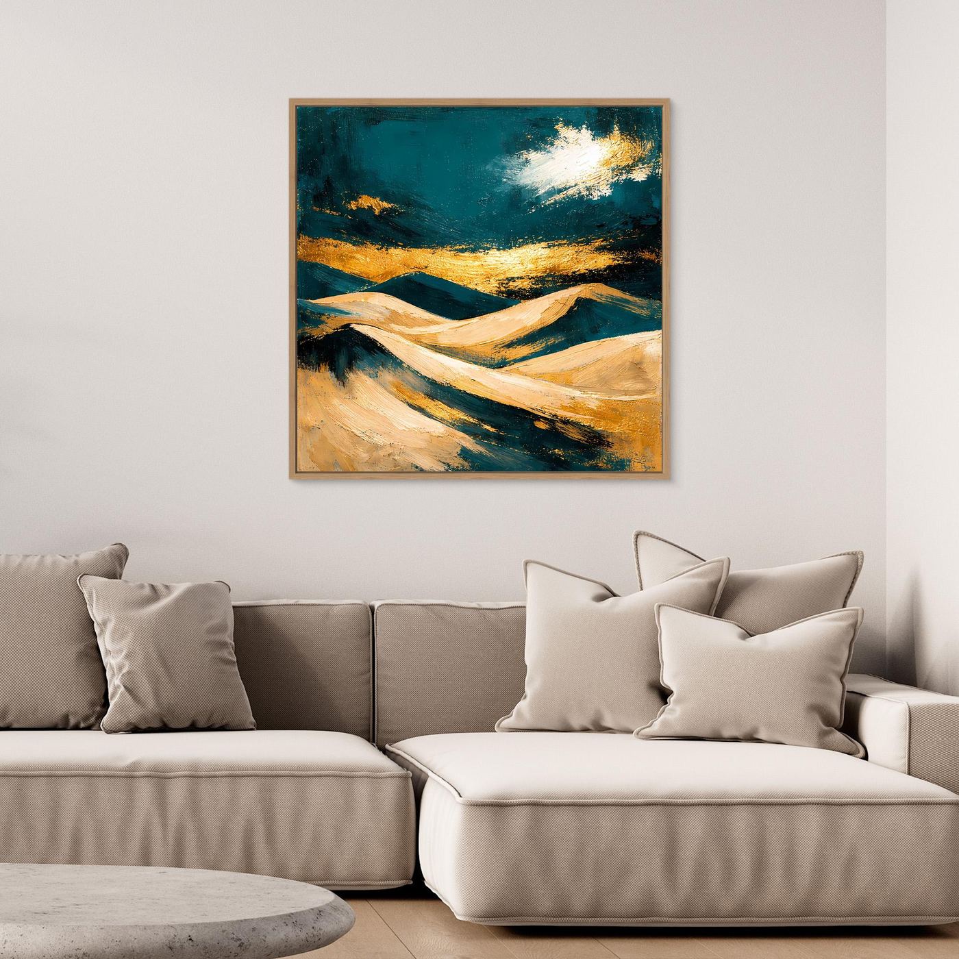 Gerahmtes abstraktes Wandbild mit Dünen in Petrol, Beige und Gold