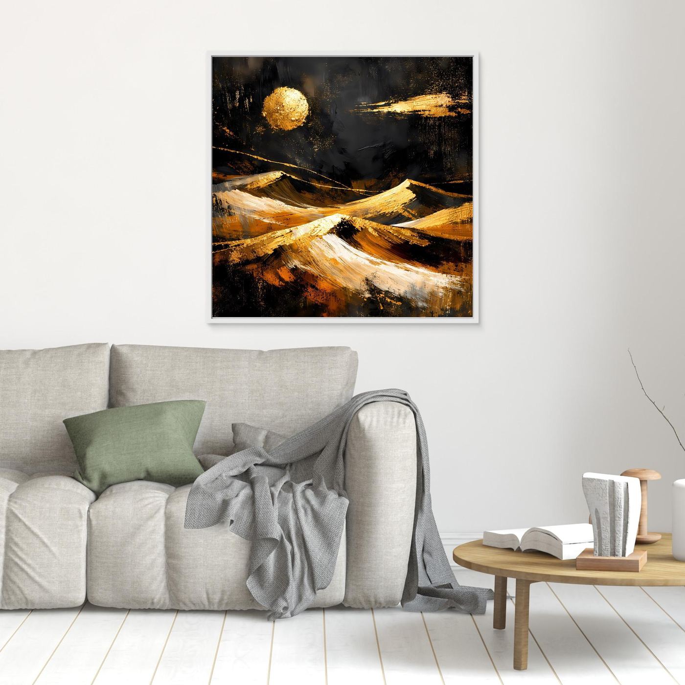 Leinwand Goldene Wüstenlandschaft bei Nacht | Abstraktes Dünen Wandbild Modern