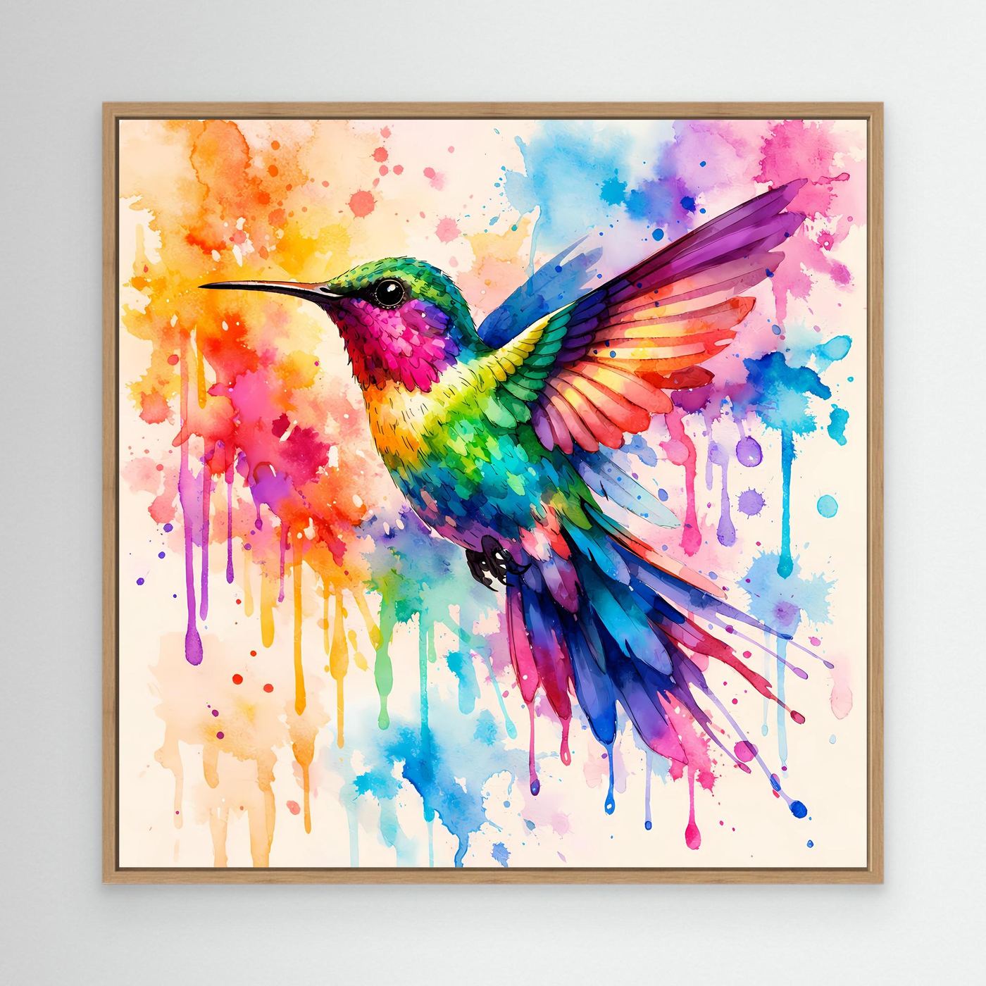 Leinwandbild Kolibri im Aquarell, bunter Vogel mit Rahmen aus hellem Holz