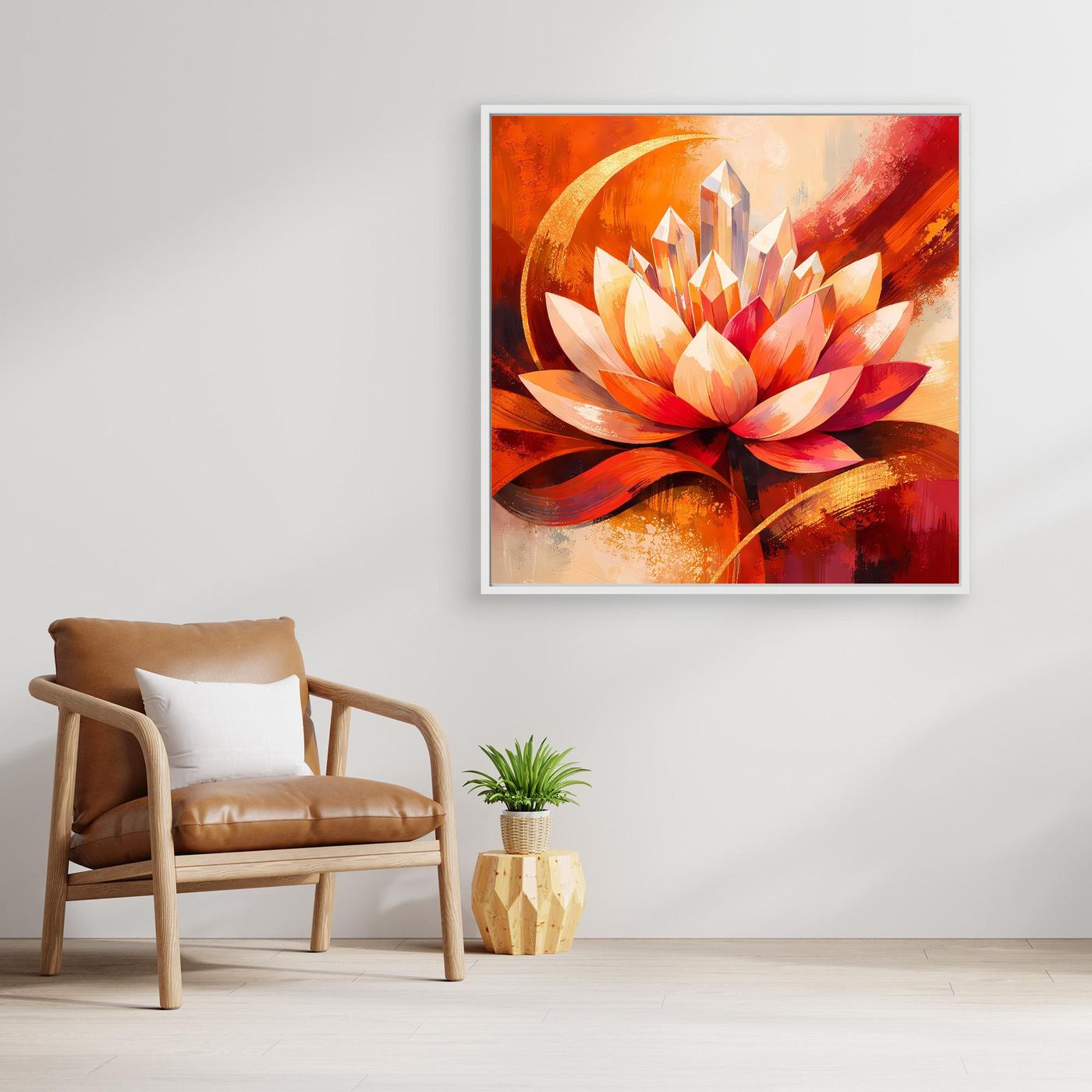 Gerahmtes Leinwandbild mit Lotusblüte in Orange-Rot, helle Schattierungen und Wellenlinien