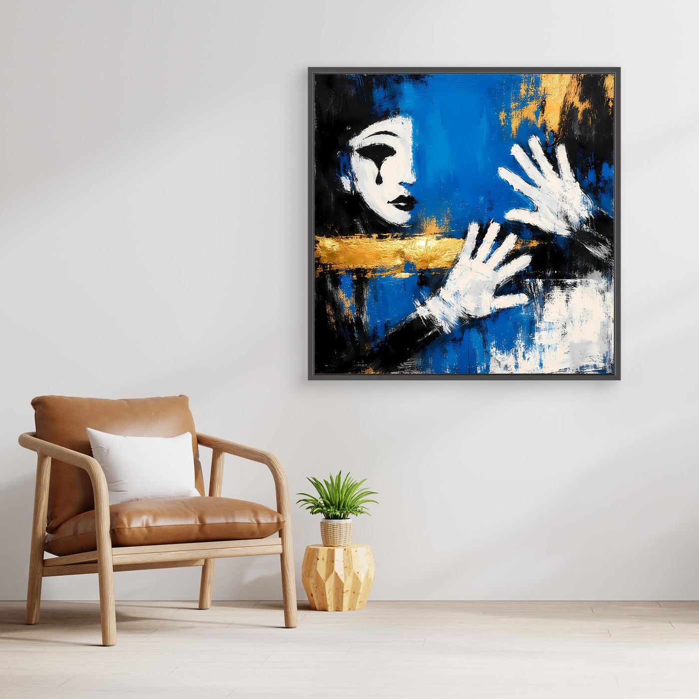 Leinwand Melancholischer Mime in Blau | Abstraktes Pierrot Wandbild Gold