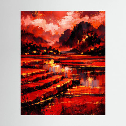 Kunstposter mit abstrakter Rot-Schwarz-Landschaft, dunklem Berg und Spiegelung im Wasser