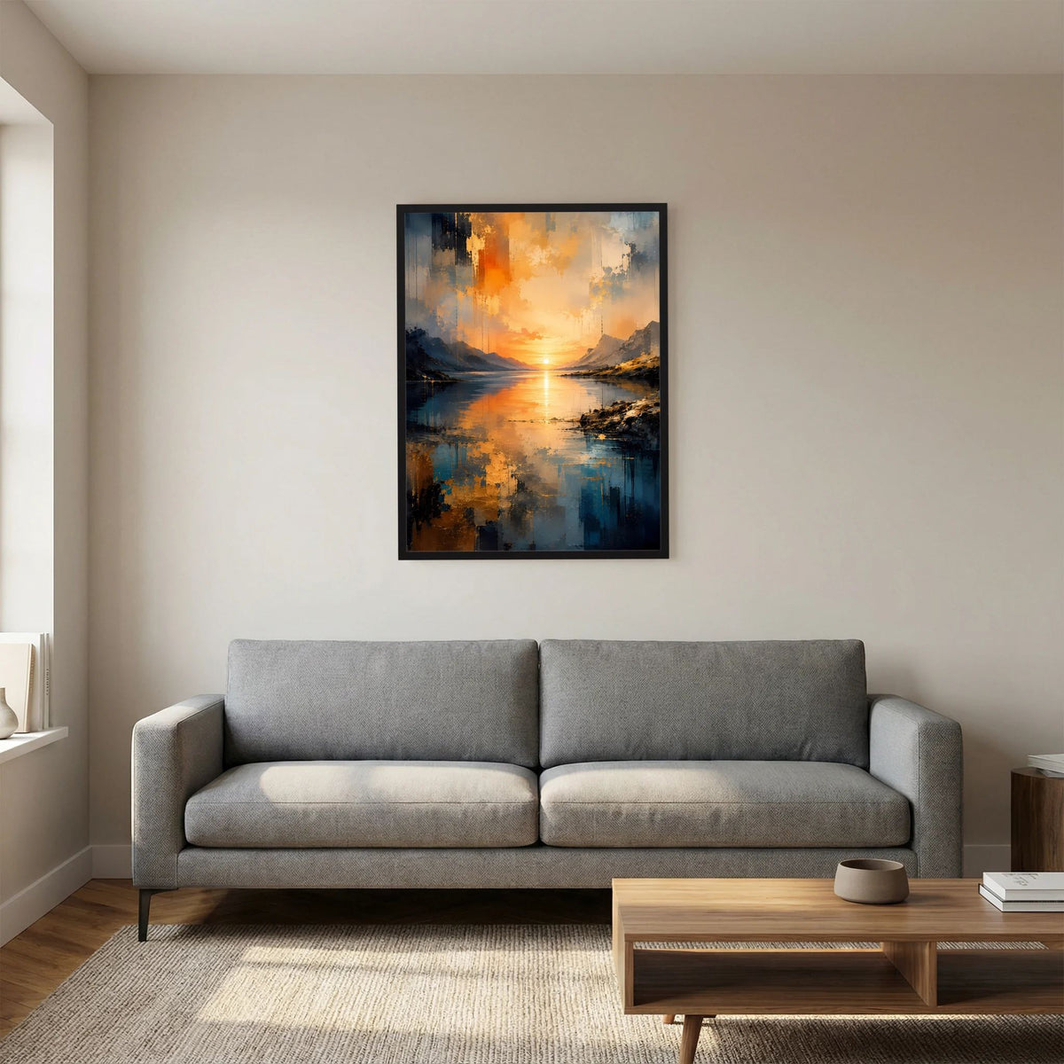 Gerahmtes Poster im Hochformat mit See und Bergen, orangefarbener Sonnenuntergang