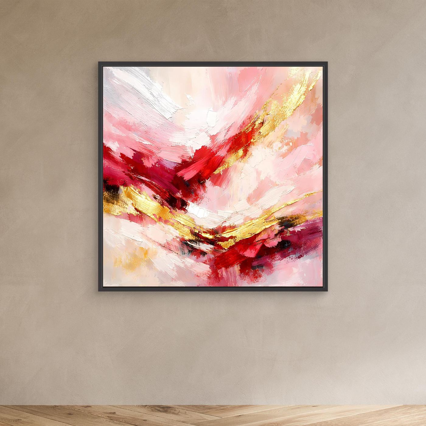 Abstraktes Leinwandbild mit rosa-roten Pinselstrichen und goldenen Akzenten, schwarzer Rahmen