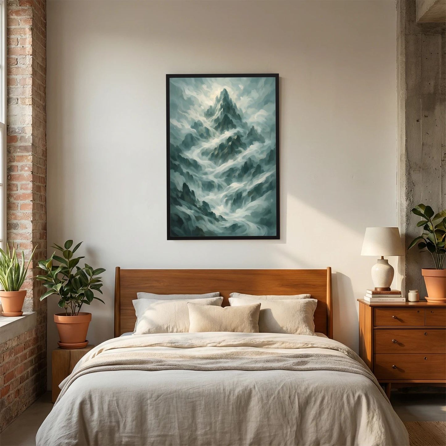 Poster Hochformat mit mystischer Berglandschaft in Salbeigrün und Grau, schwarzer Rahmen