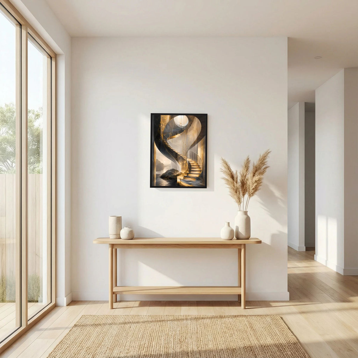 Gerahmtes Poster mit goldener Wendeltreppe, geschwungenen Formen und Stufen im Motiv