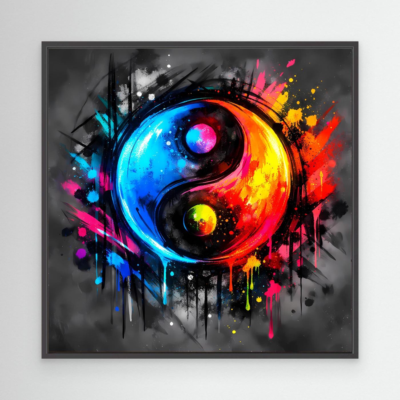 Leinwandbild mit abstraktem Yin-Yang-Motiv, bunt gespritzt, schwarzer Rahmen