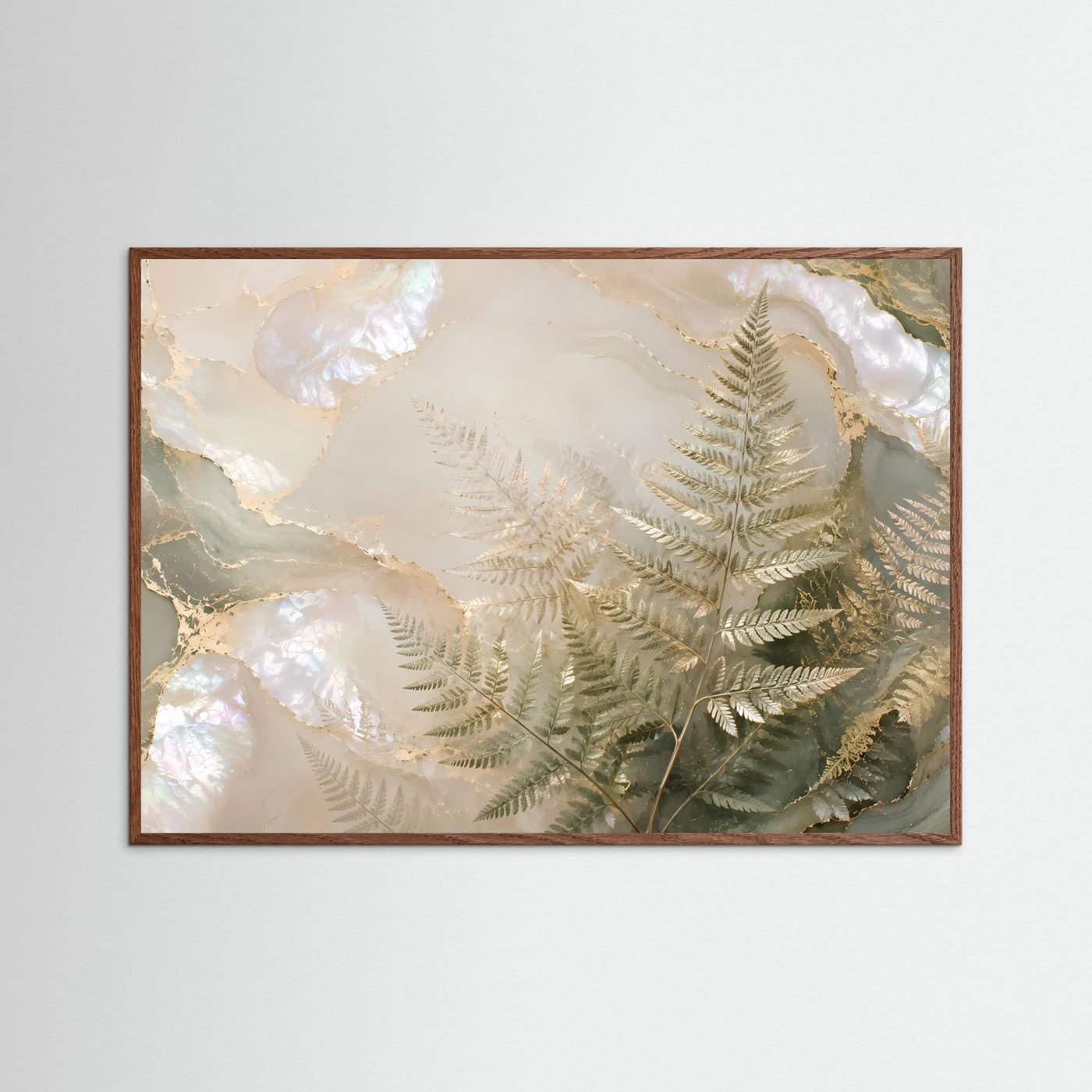 Poster im Querformat mit Perlmutt-Farn in Gold, im dunklen Eichenholzrahmen