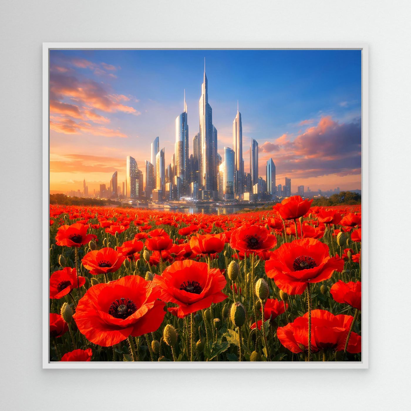 Leinwandbild mit roten Mohnblumen und futuristischer Skyline im weißen Rahmen
