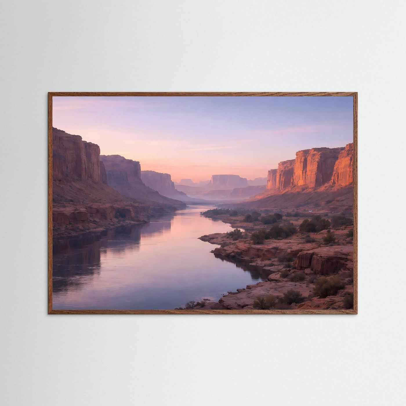 Wandposter Grand Canyon mit Fluss in der Schlucht, brauner Holzrahmen