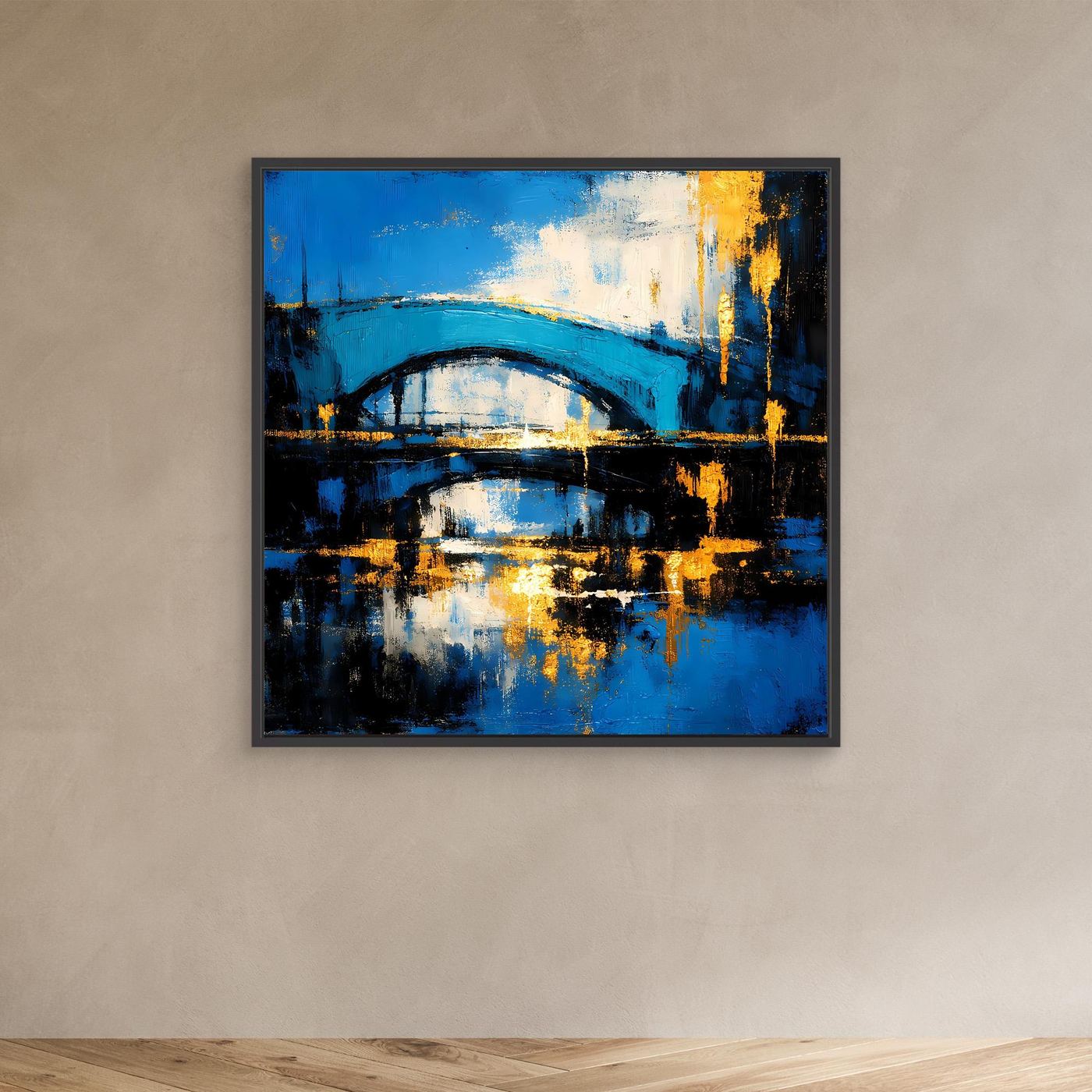Abstraktes Wandbild im dunklen Rahmen, blaue Brücke über Wasser mit goldenen Akzenten