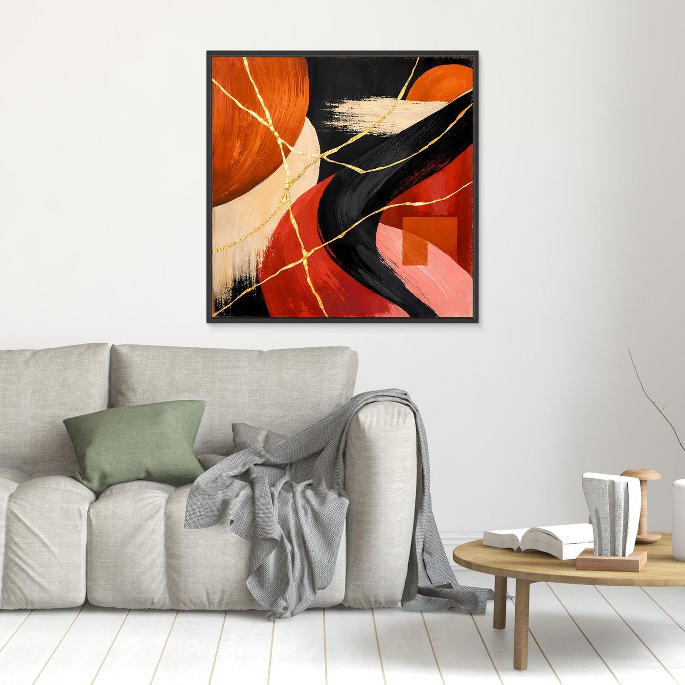 Abstraktes Leinwand-Wandbild mit Goldaderlinien, rot-schwarz-orange, schwarzer Rahmen