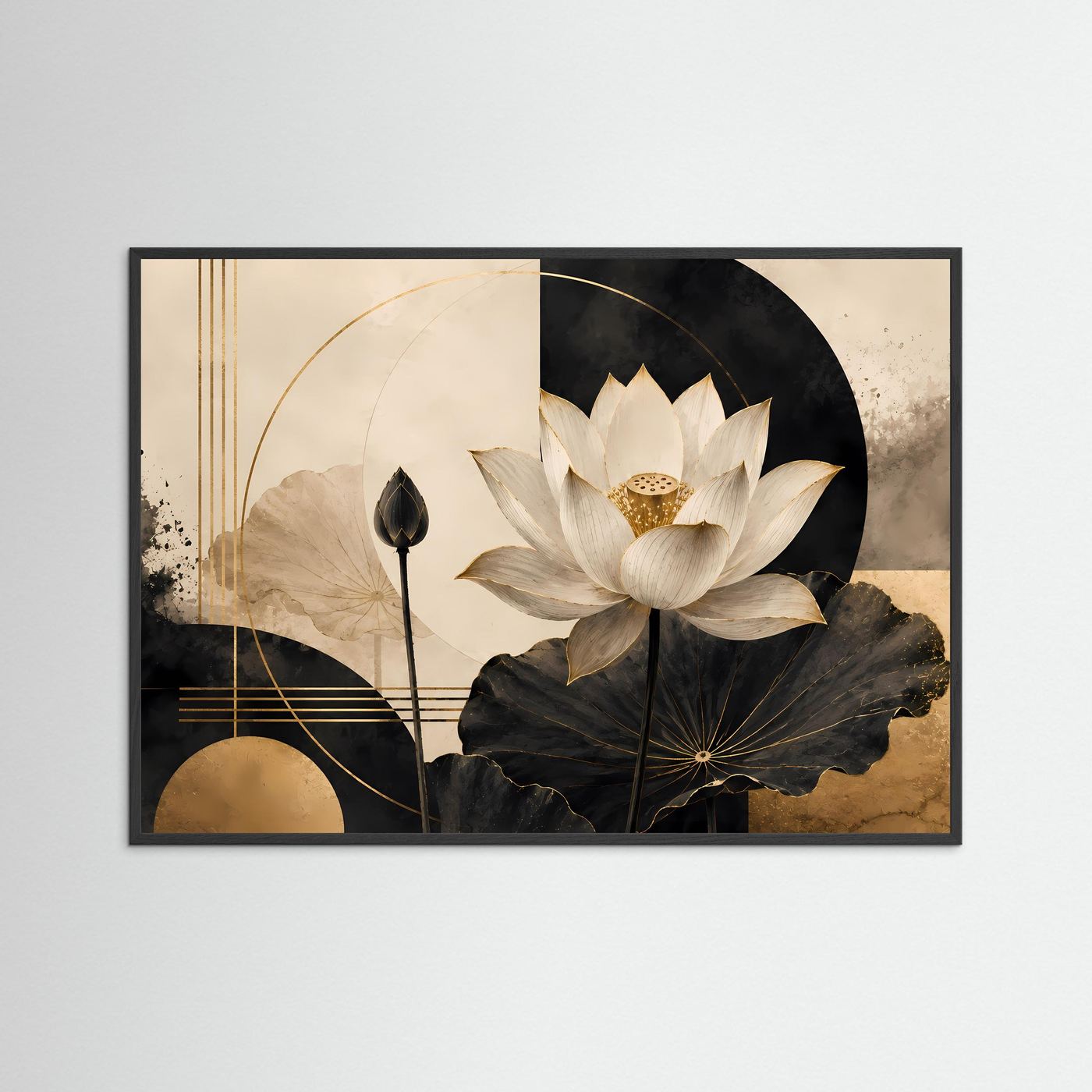 Abstraktes Lotusblüten-Poster im schwarzen Rahmen: weiße Blüten, Schwarz-Gold-Gestaltung