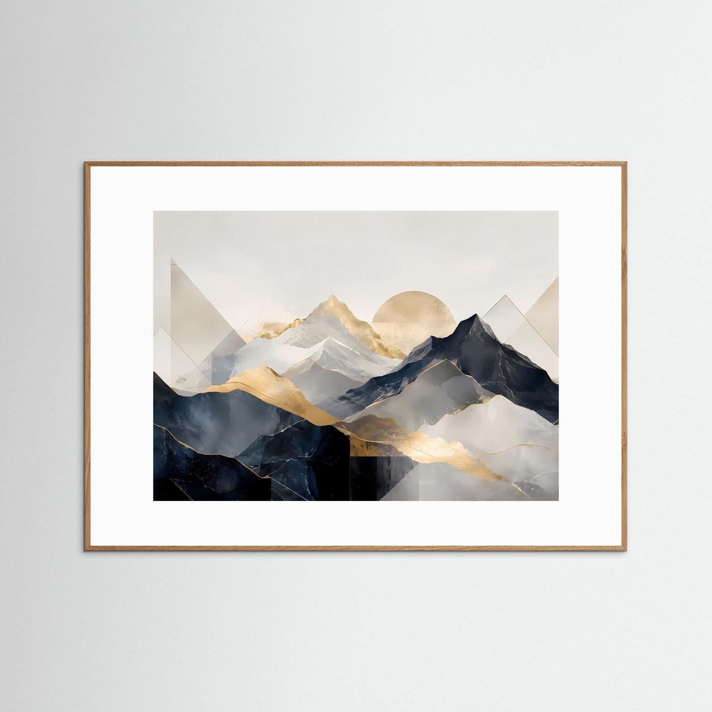 Gerahmter Kunstdruck: abstrakte Berge in Beige, Gold und Dunkelblau, Holzrahmen