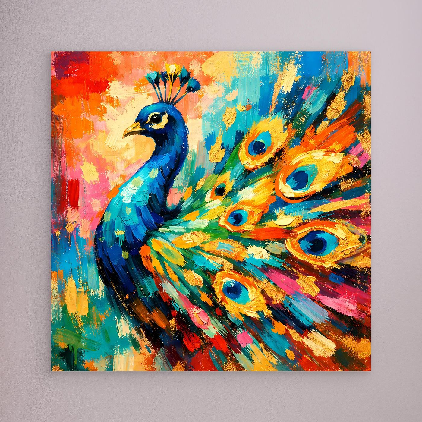 Leinwandbild mit abstraktem Pfau, farbige Pinselstriche und Pfauenfedern