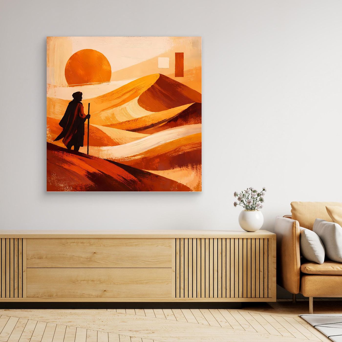 Leinwandbild mit Wüstenlandschaft: große orange Sonne, Sandhügel in Orange/Rot und Silhouette mit Laterne.