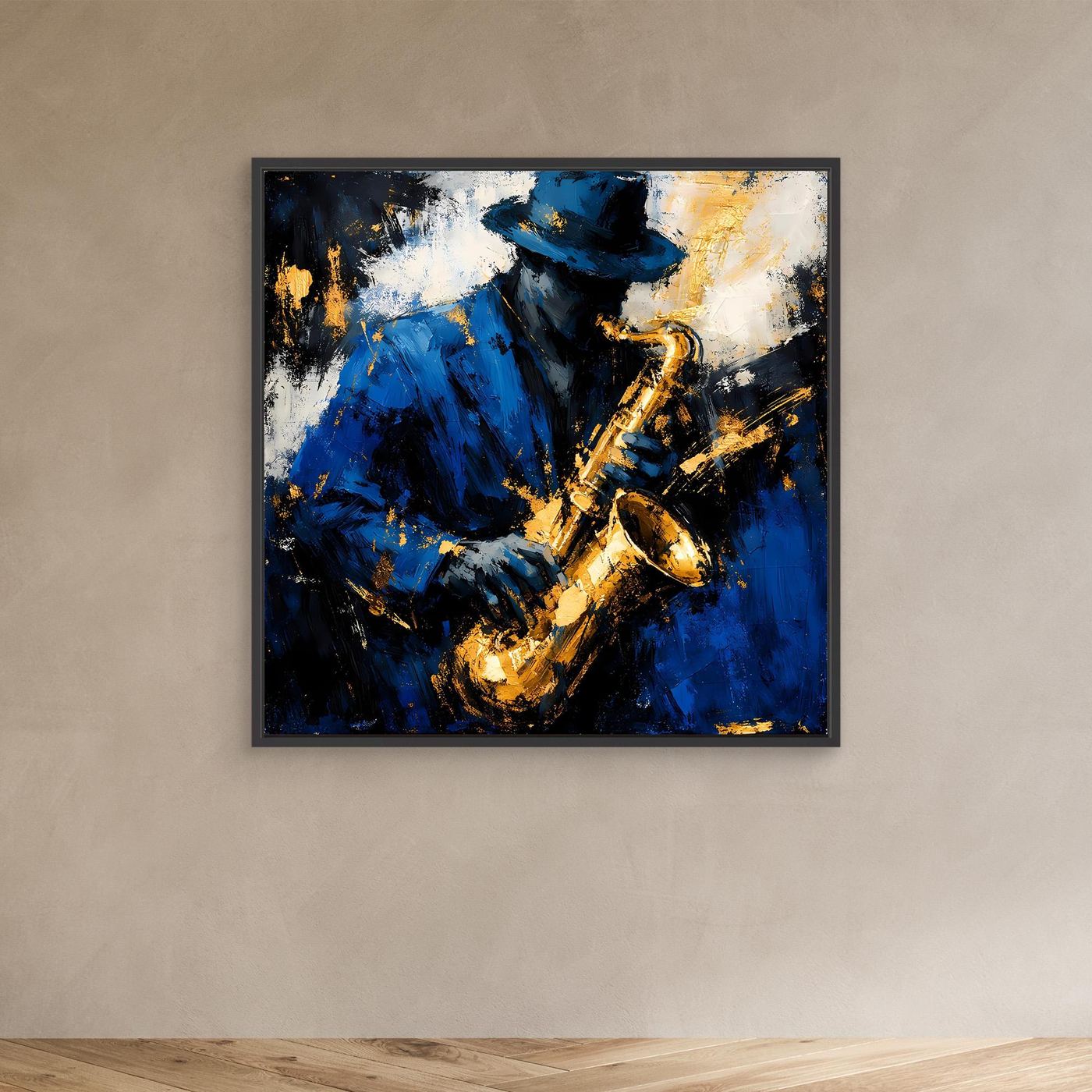 Leinwand Eleganter Jazz-Saxophonist in Blau und Gold | Abstraktes Musik Wandbild