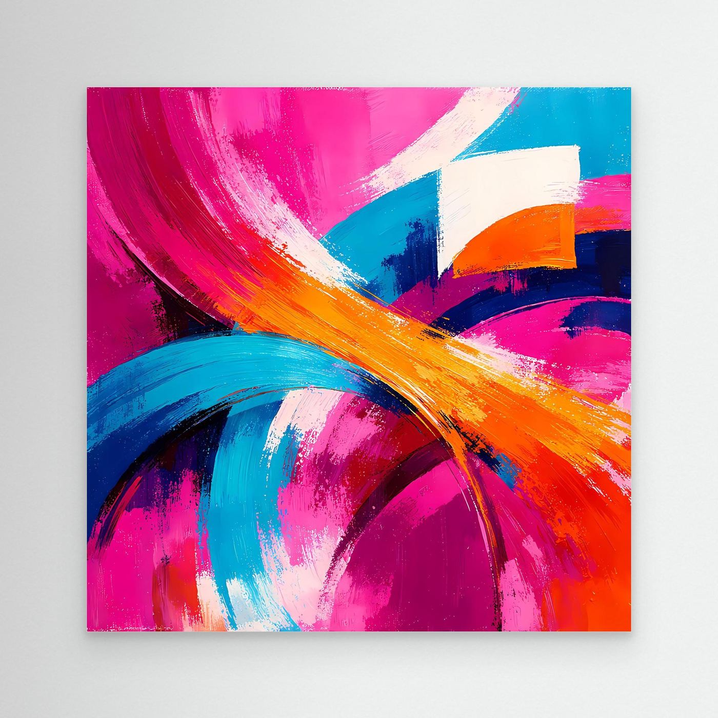 Leinwand-Abstraktbild mit kräftigen Pinselstrichen in Pink, Blau und Orange, ungerahmt.