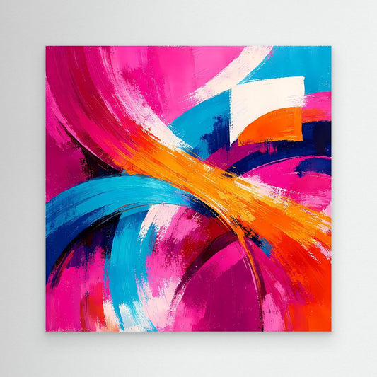 Leinwand-Abstraktbild mit kräftigen Pinselstrichen in Pink, Blau und Orange, ungerahmt.