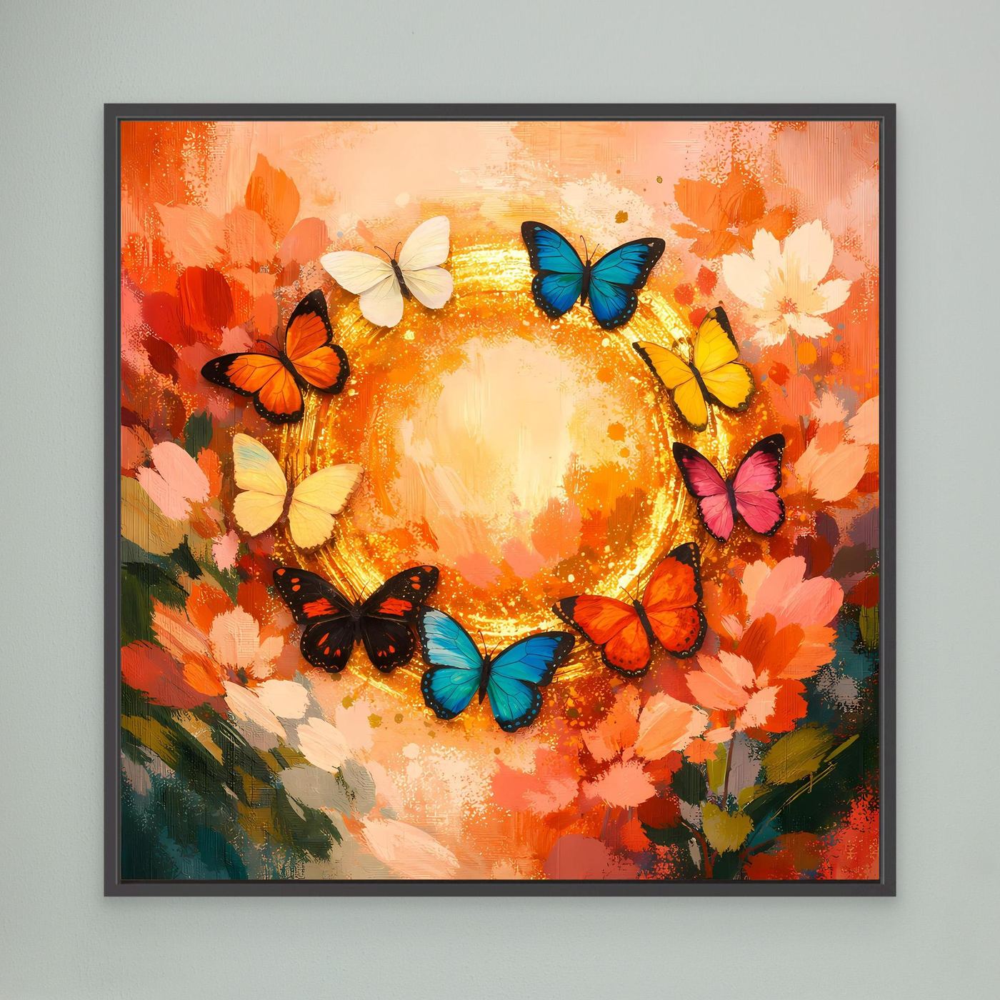 Leinwandbild mit Schmetterlingskreis: bunte Schmetterlinge um goldenen Mittelkreis, orange Blumen, schwarzer Rahmen
