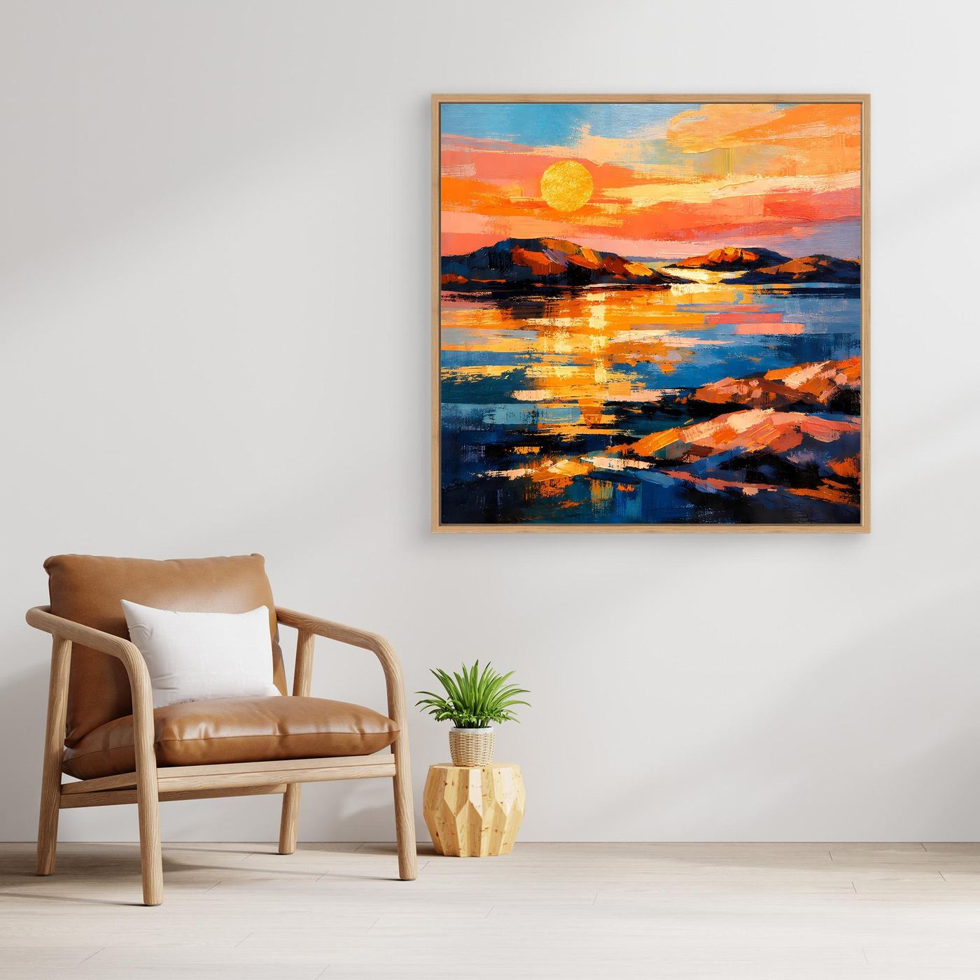 Abstraktes Leinwand-Wandbild: Sonnenuntergang über dem Meer, orangefarbener Himmel und blaue Reflexe