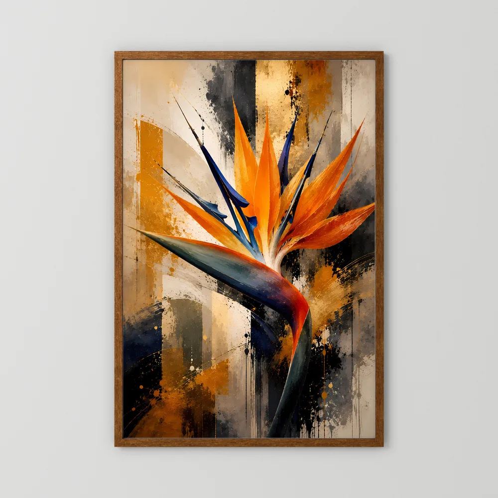 Hochformat-Poster mit abstrakter Strelitzie, orangefarbene Spitzen, blaue Schwingen, brauner Holzrahmen