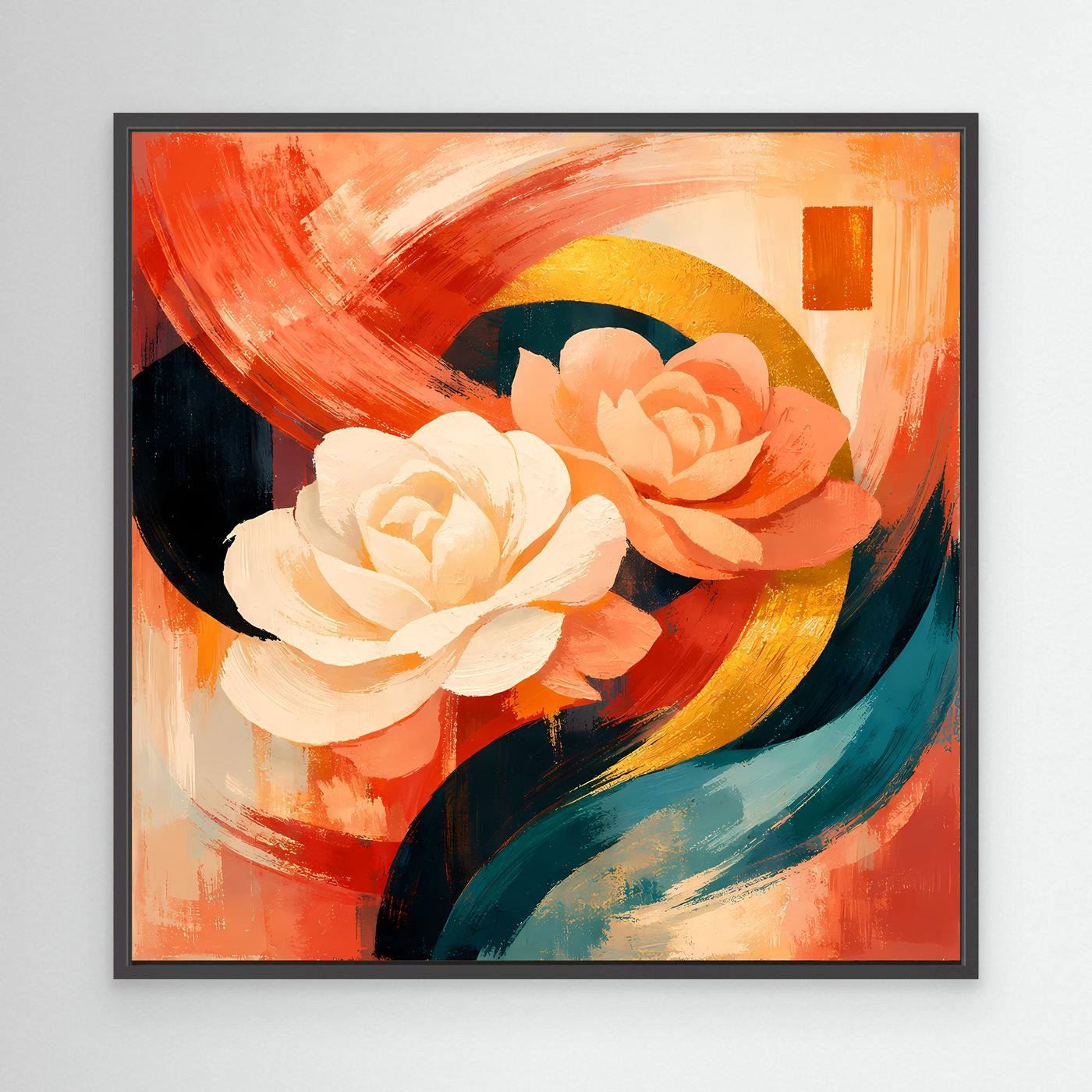 Abstraktes Leinwandbild mit Rosen in Weiß und Apricot, warmes Farbspiel, schwarzer Rahmen