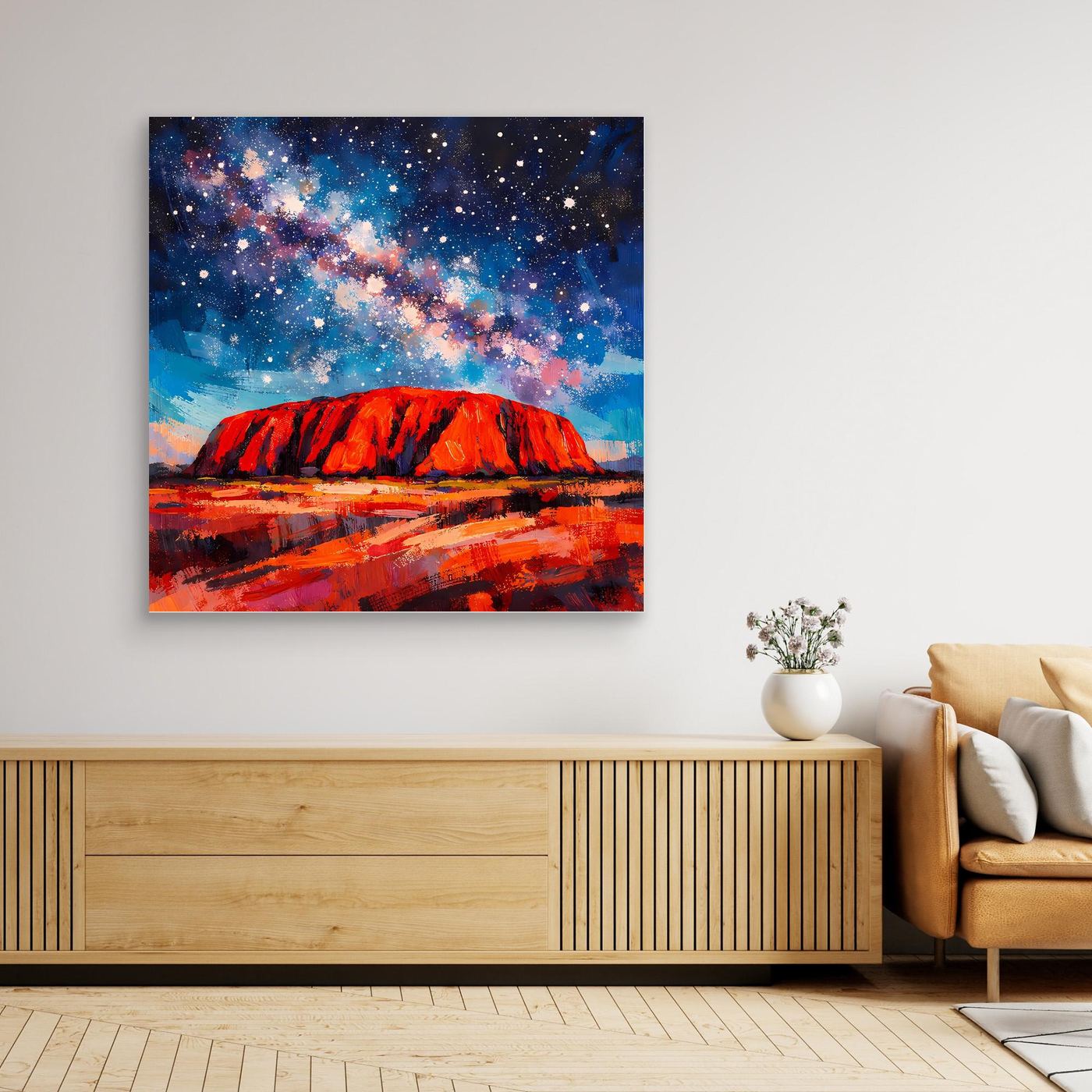 Abstraktes Wandbild auf Leinwand: Milchstraße, Sterne und roter Felsen im Outback, farbig