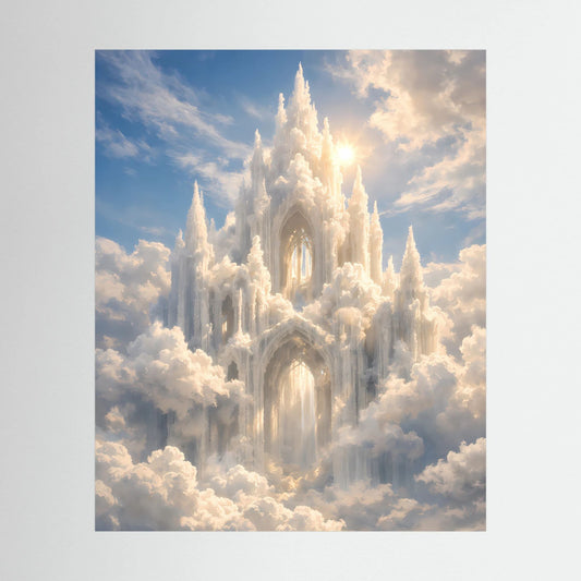 Hochformat-Poster mit strahlendem Schloss in Wolken, ohne Rahmen