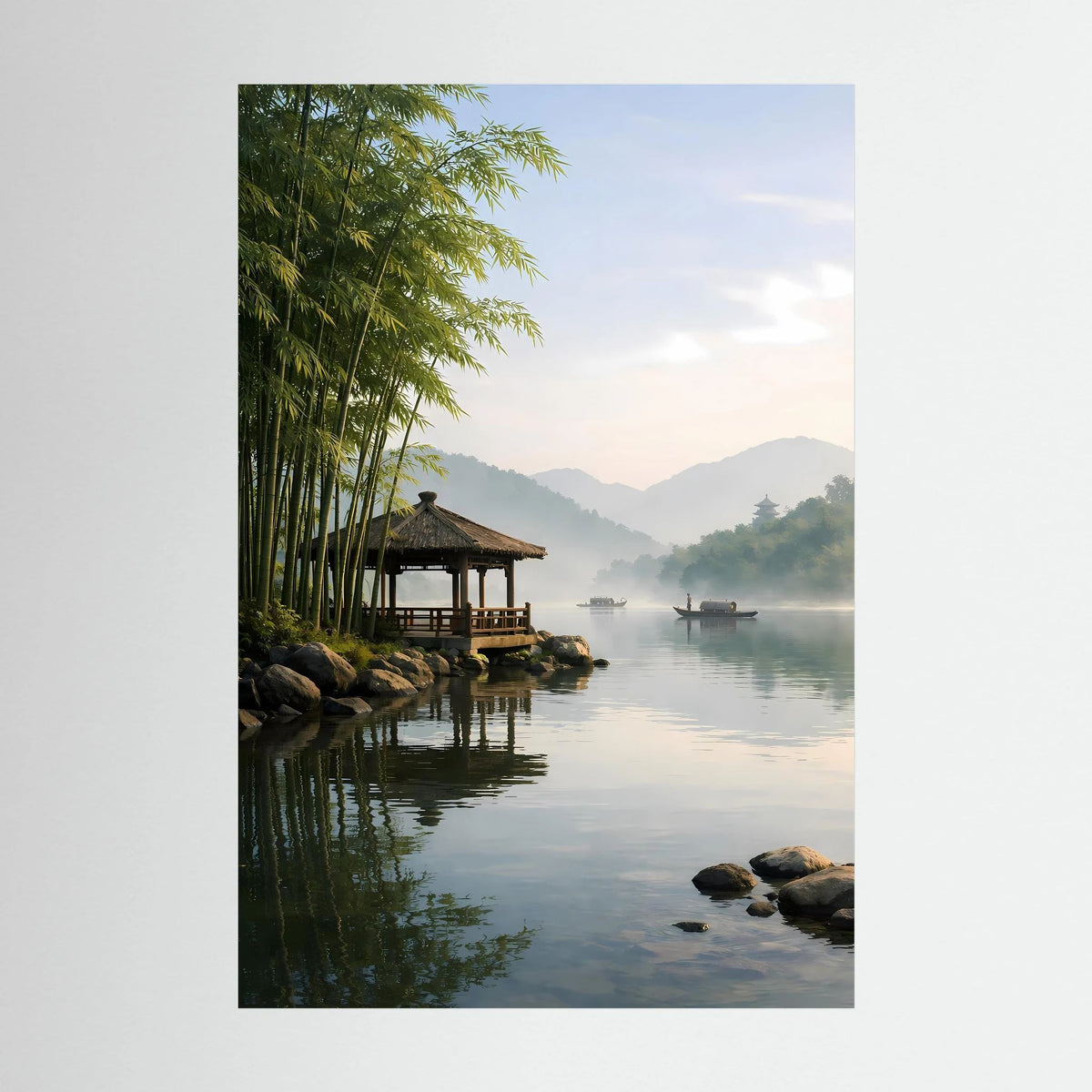 Hochformat-Wandbild mit Bambusfluss und Steg-Pavillon, ruhiges Wasser