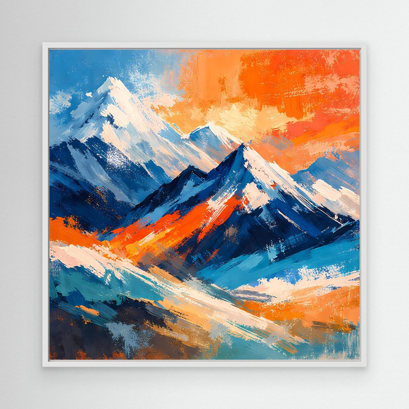Abstraktes Leinwandbild mit Berggipfeln in Blau- und Orange-Tönen, weißer Rahmen.