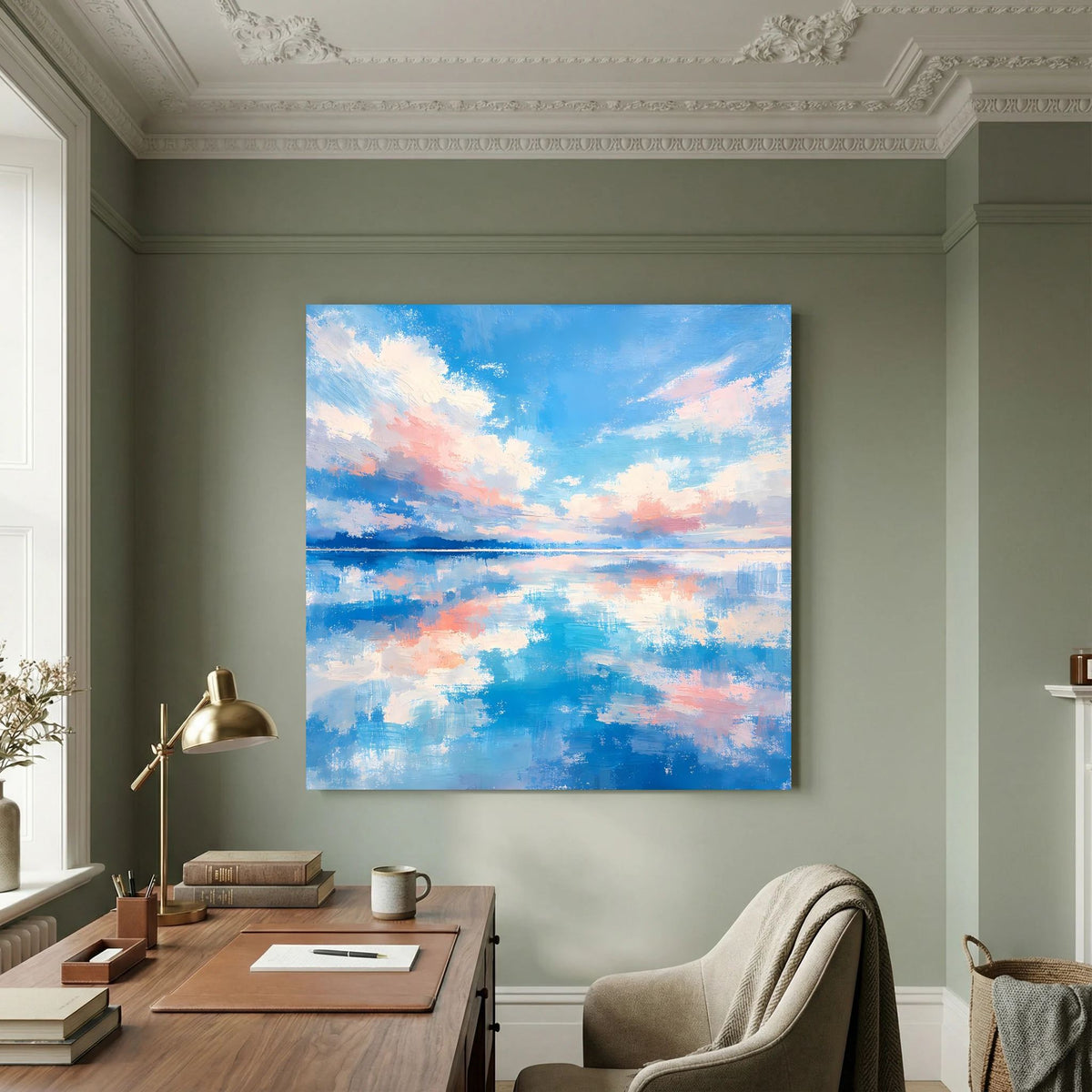 Quadratisches Wandbild auf Keilrahmen mit abstrakter Meereslandschaft und Wolken, blau