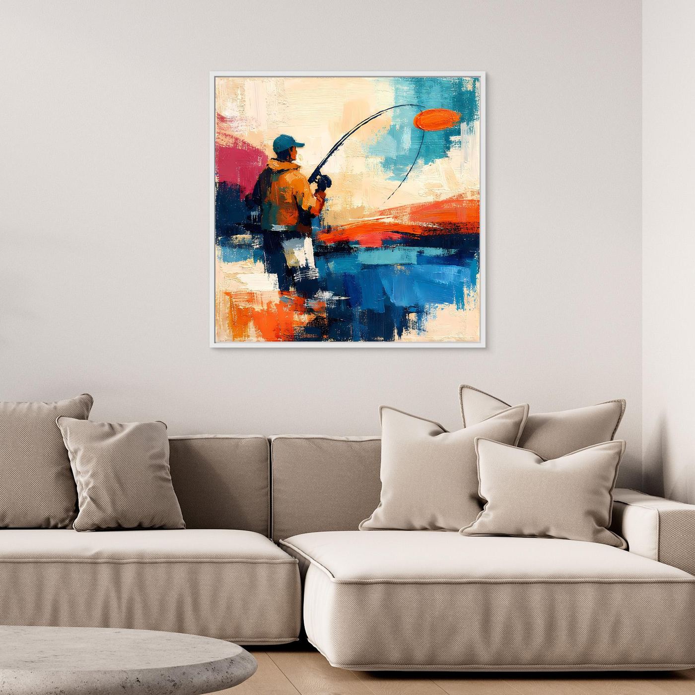 Unframed abstract fishing painting with orange and blue textured strokes; angler silhouette