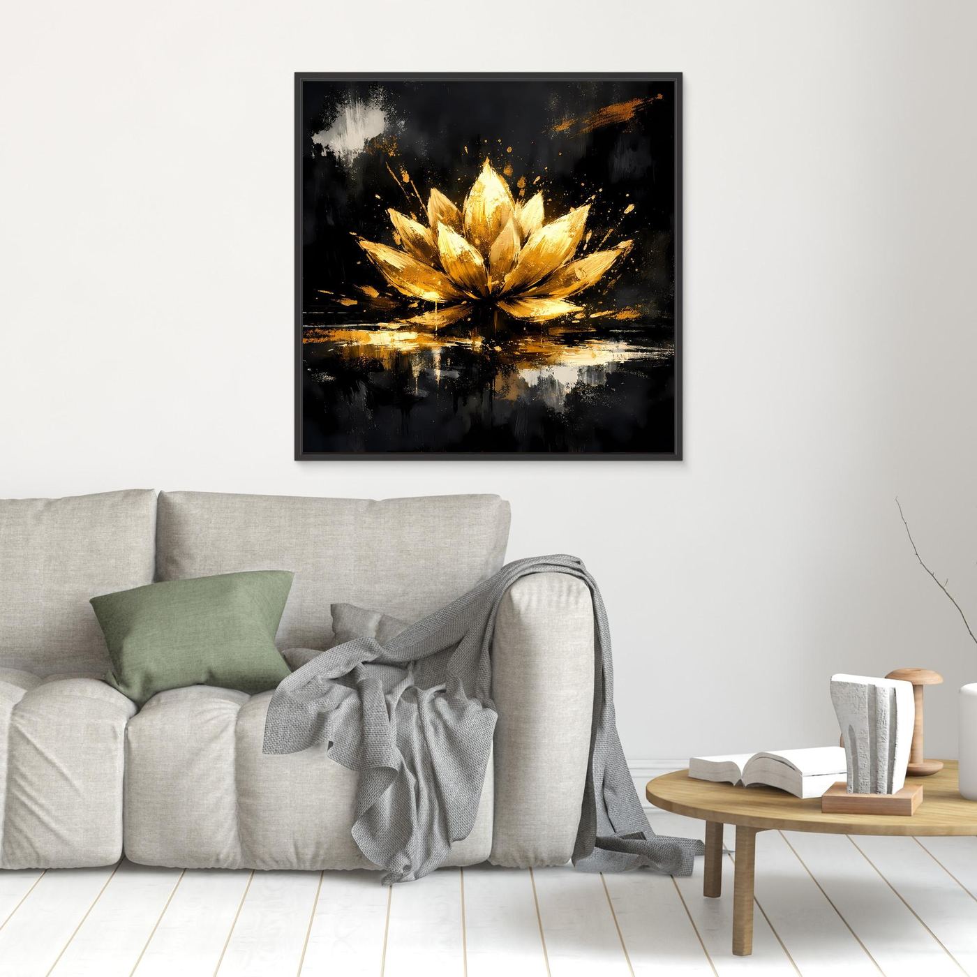 Leinwand Goldene Lotusblüte Abstrakt | Modernes Lotus Wandbild Schwarz Gold