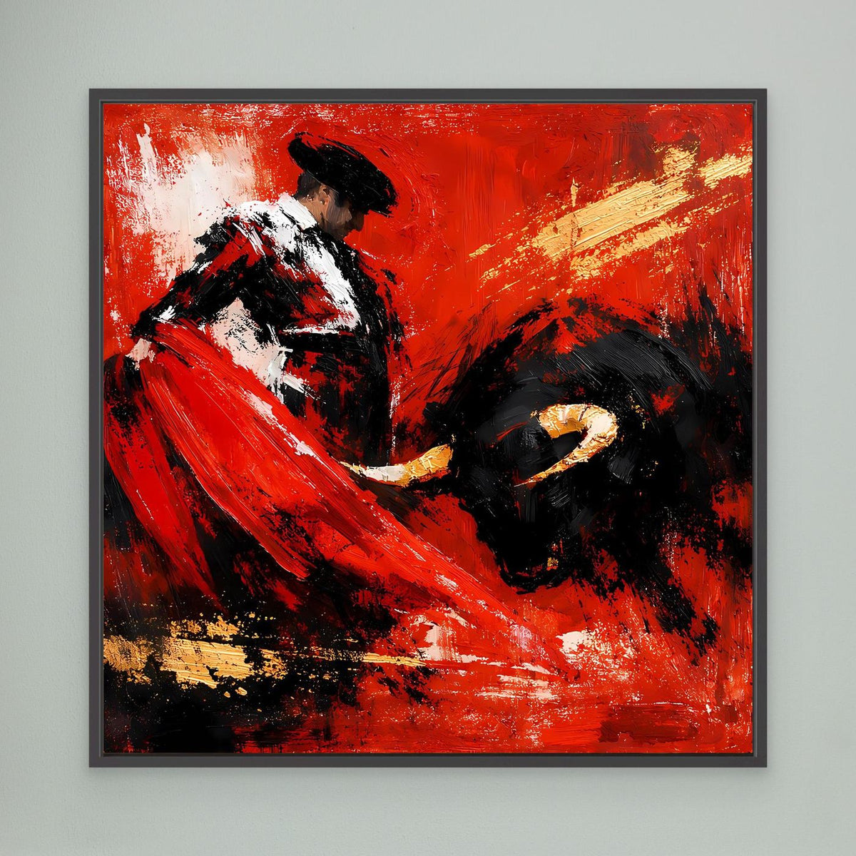 Leinwand-Wandbild mit Torero und Stier, anthrazitfarbener Rahmen, Rot und Schwarz