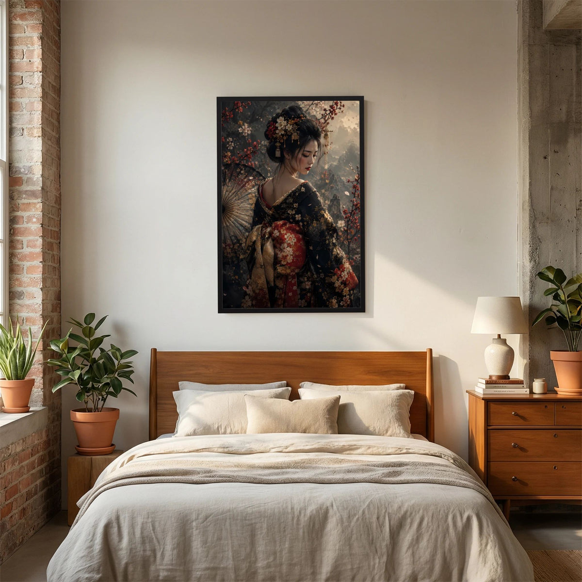 Hochformat-Poster mit Geisha im floralen Kimono, Fächer, schwarzer Rahmen