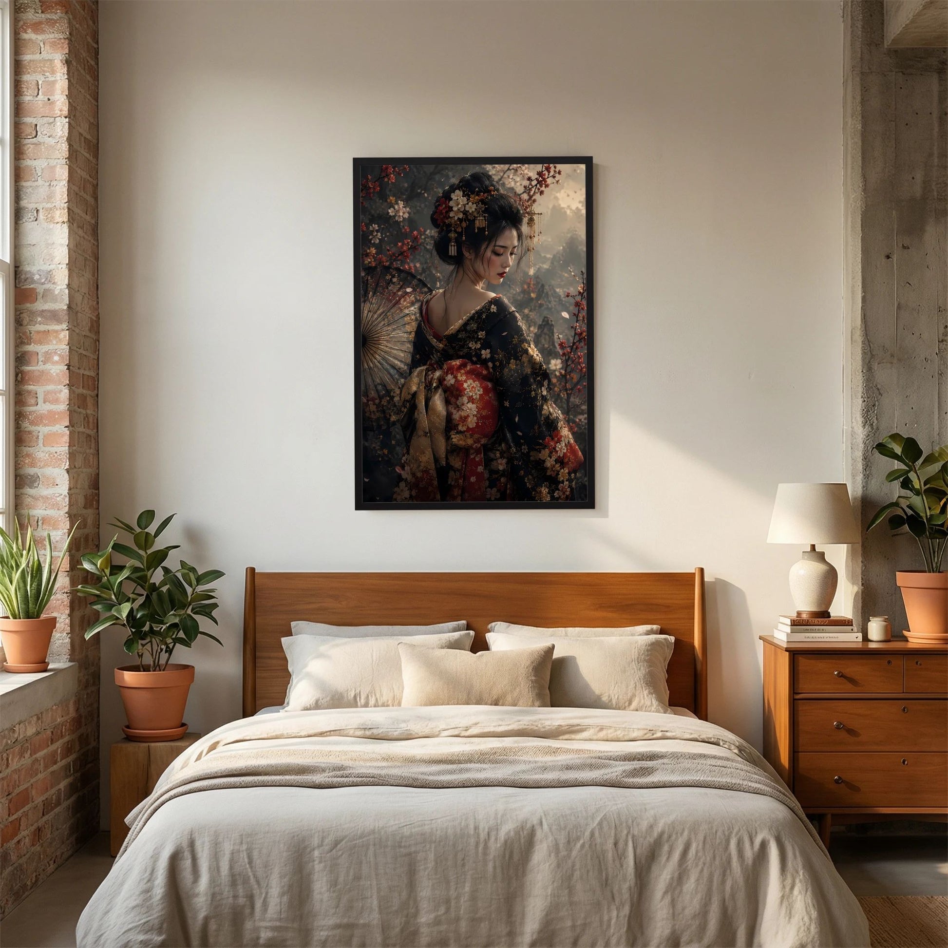 Hochformat-Poster mit Geisha im floralen Kimono, Fächer, schwarzer Rahmen