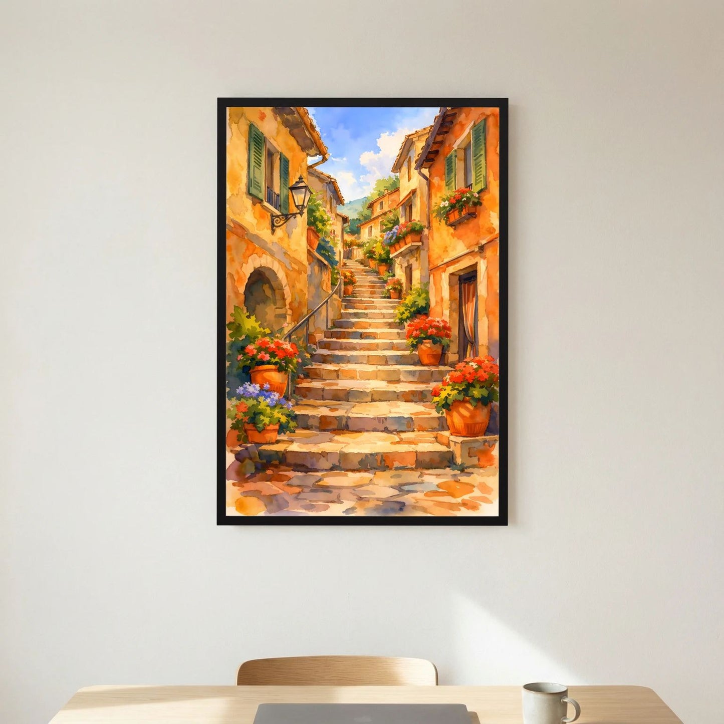 Gerahmtes Wandbild (schwarzer Rahmen) mit Treppe durch eine mediterrane Gasse