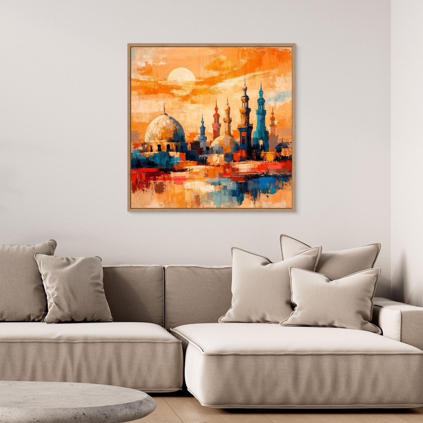 Abstraktes Leinwand-Wandbild mit orientalischer Skyline und Minaretten im goldenen Rahmen
