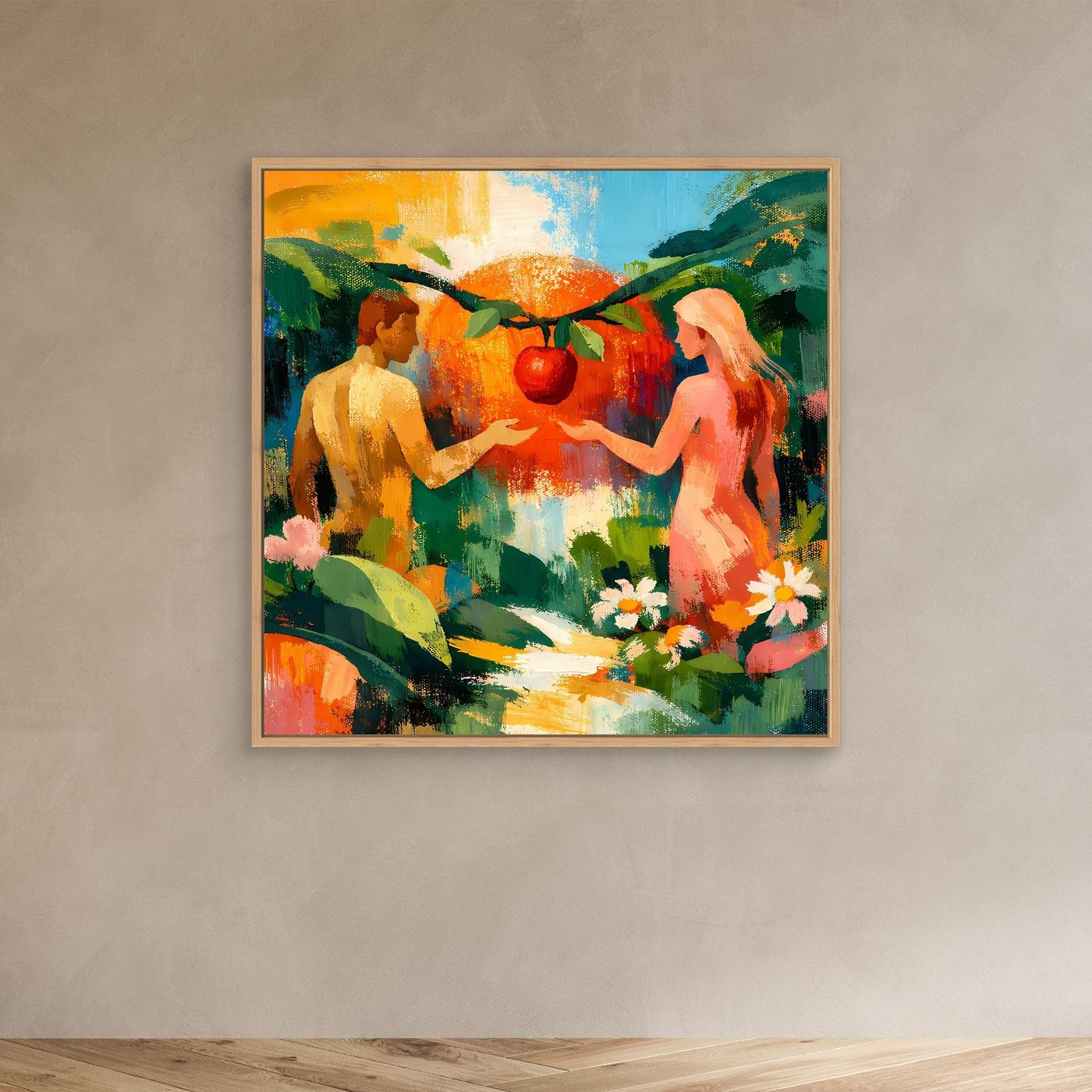 Abstract garden Eden wall canvas with oak frame, two nude figures and red fruit
