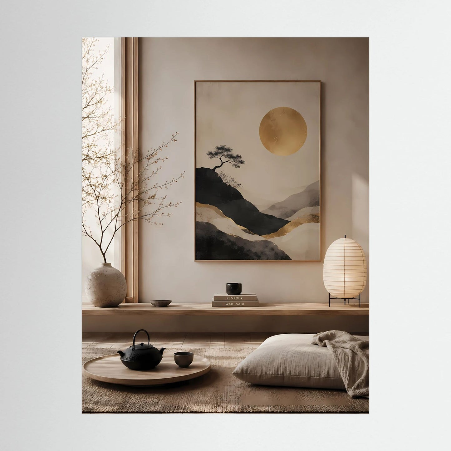 Poster im schwarzen Rahmen, Nahansicht: goldene Sonne über Berge, Baumzweige links.