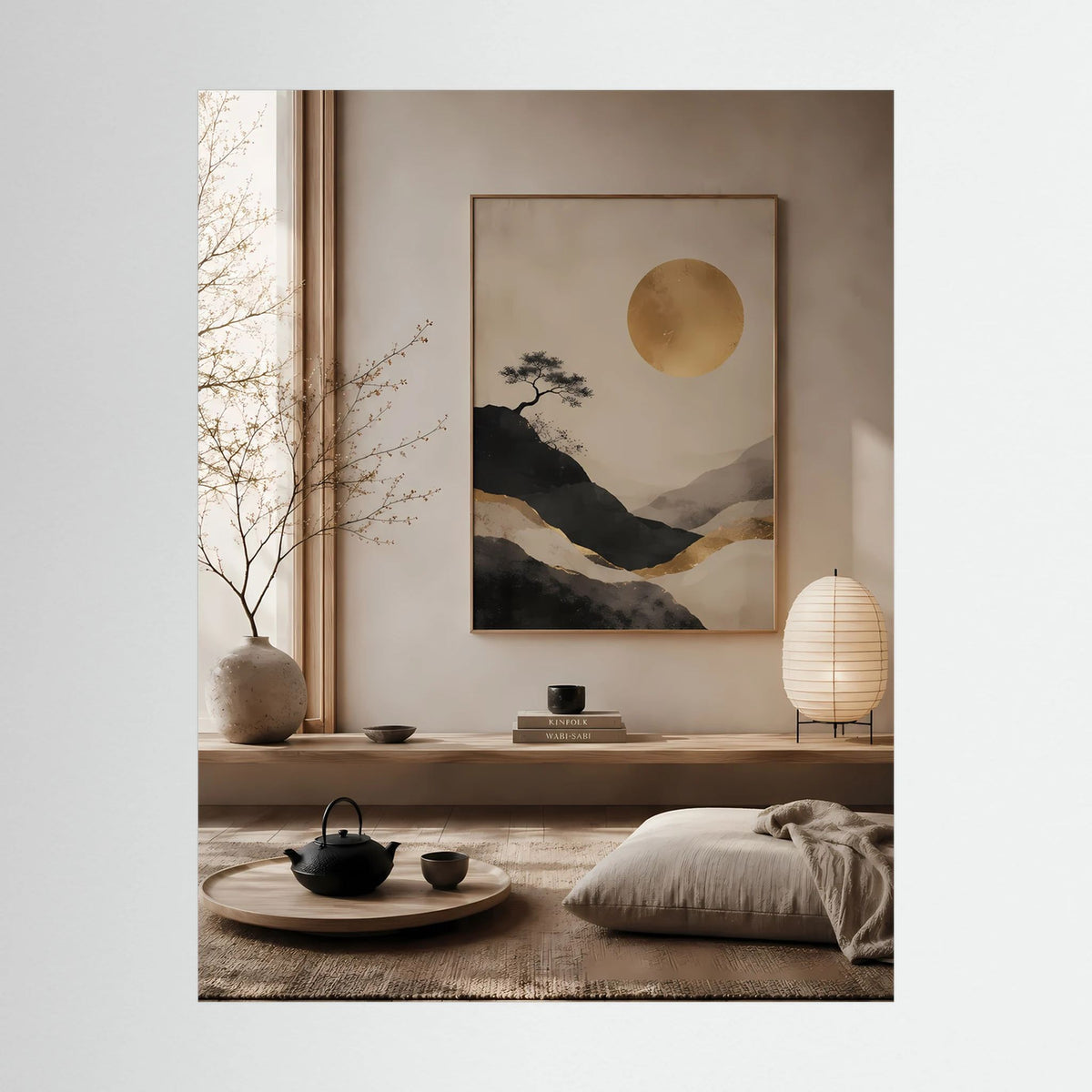 Poster im schwarzen Rahmen, Nahansicht: goldene Sonne über Berge, Baumzweige links.