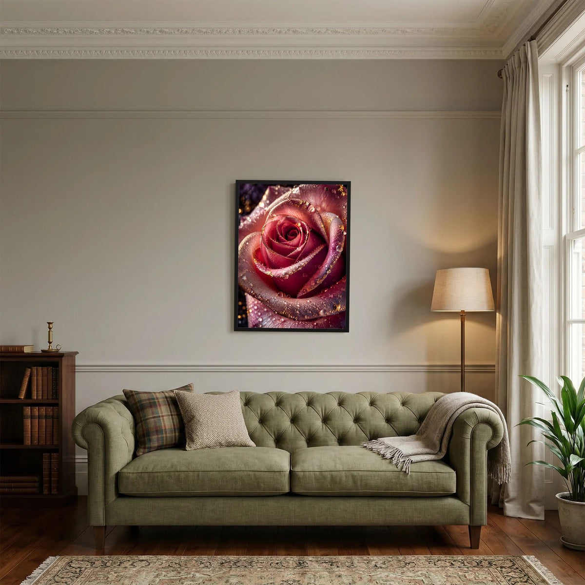 Gerahmtes Hochformat-Poster mit roter Rose, goldenen Sprenkeln und glitzernden Tropfen.