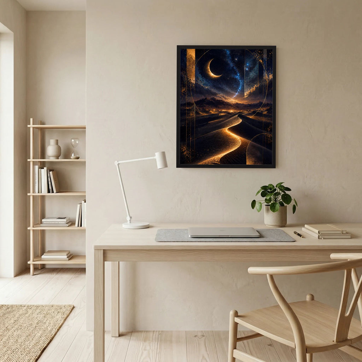 Gerahmtes Poster im Hochformat mit Mondsichel, schimmerndem Dünenweg und dunklem Himmel