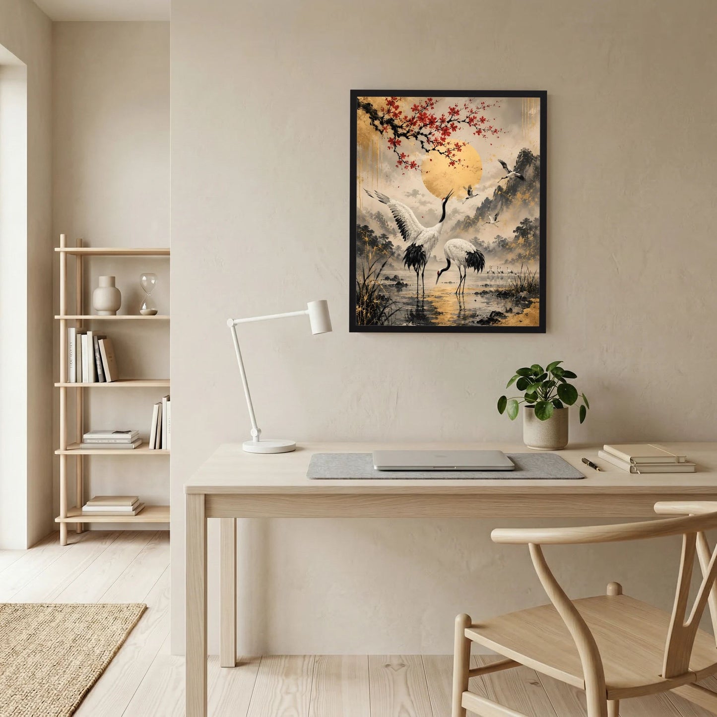 Gerahmtes Poster im Hochformat an der Wand: Kraniche, goldene Sonne, rote Blüten