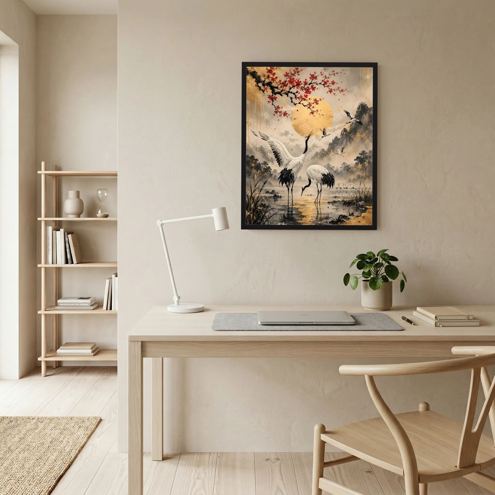 Gerahmtes Poster im Hochformat an der Wand: Kraniche, goldene Sonne, rote Blüten