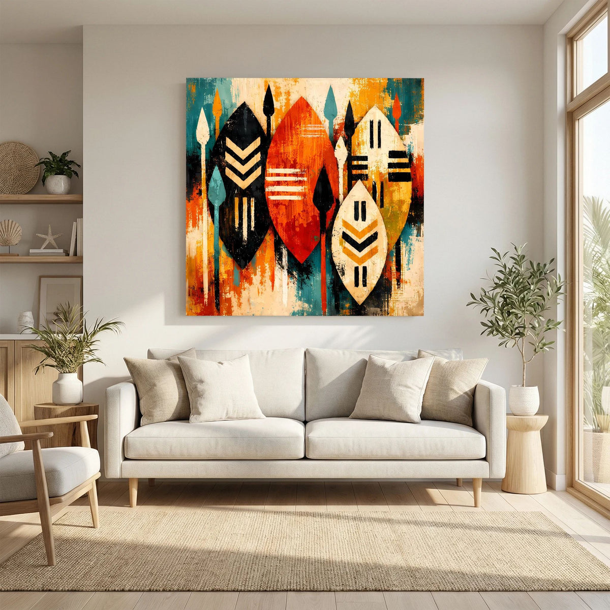 Abstraktes Wandbild mit drei gerahmten Schildmotiven, schwarz, türkis, orange und creme