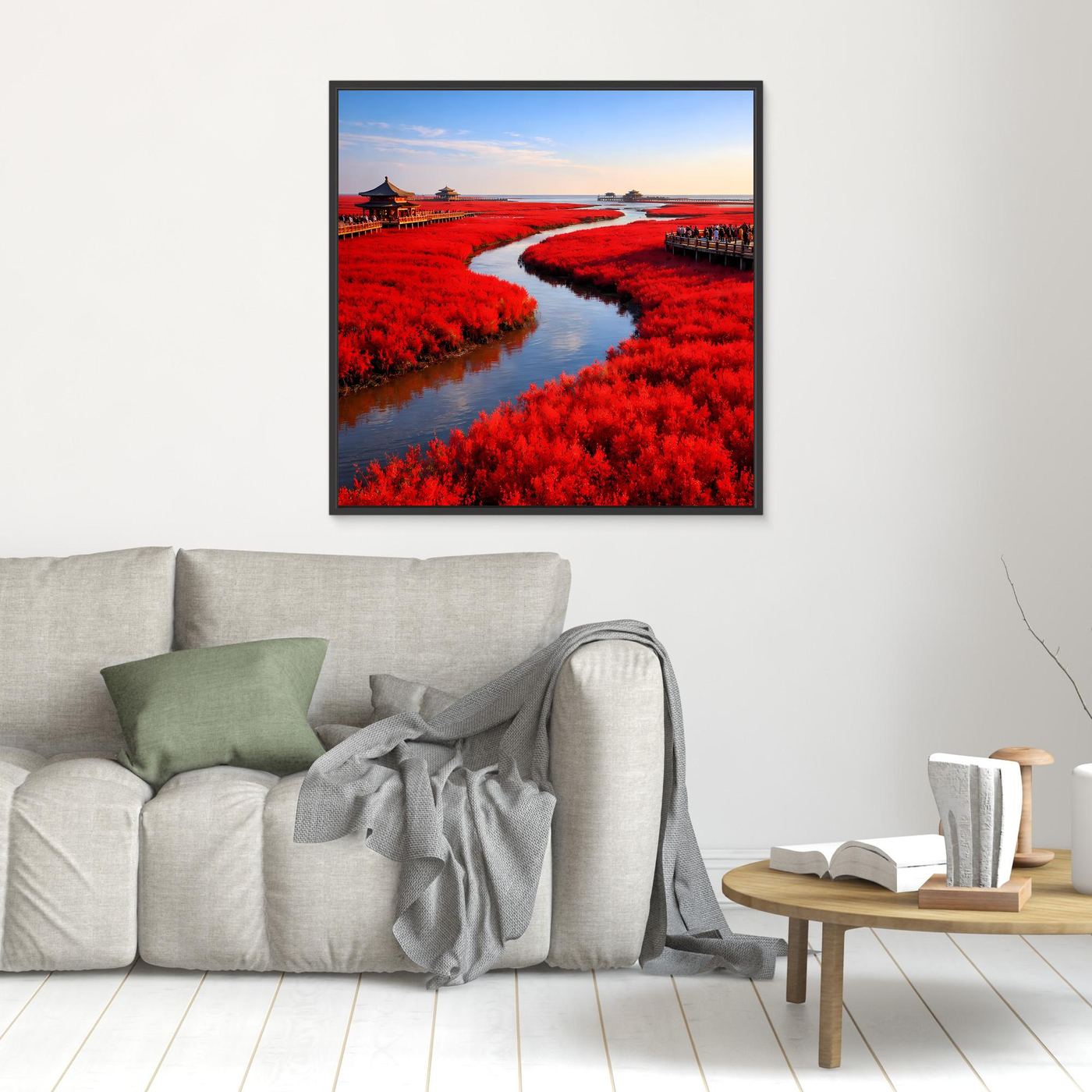 Leinwandbild mit Landschaftsmotiv: roter Pflanzenstreifen und Fluss, schwarz gerahmt