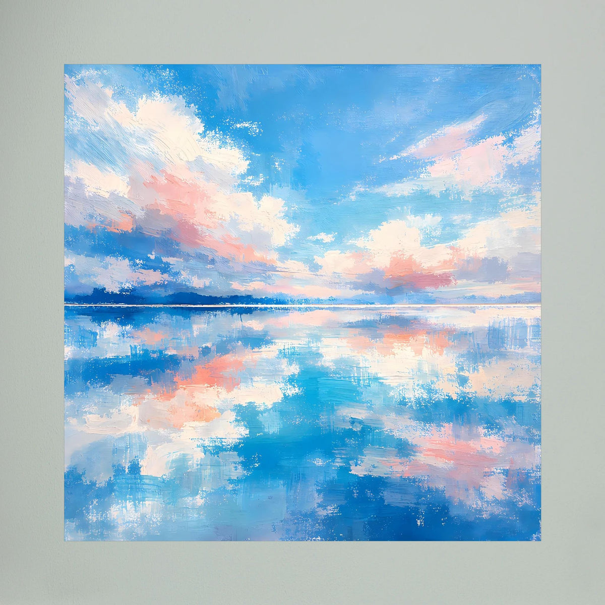 Nahansicht: abstraktes Wandbild auf Keilrahmen mit blauem Himmel, Wolken und Wasserreflexen